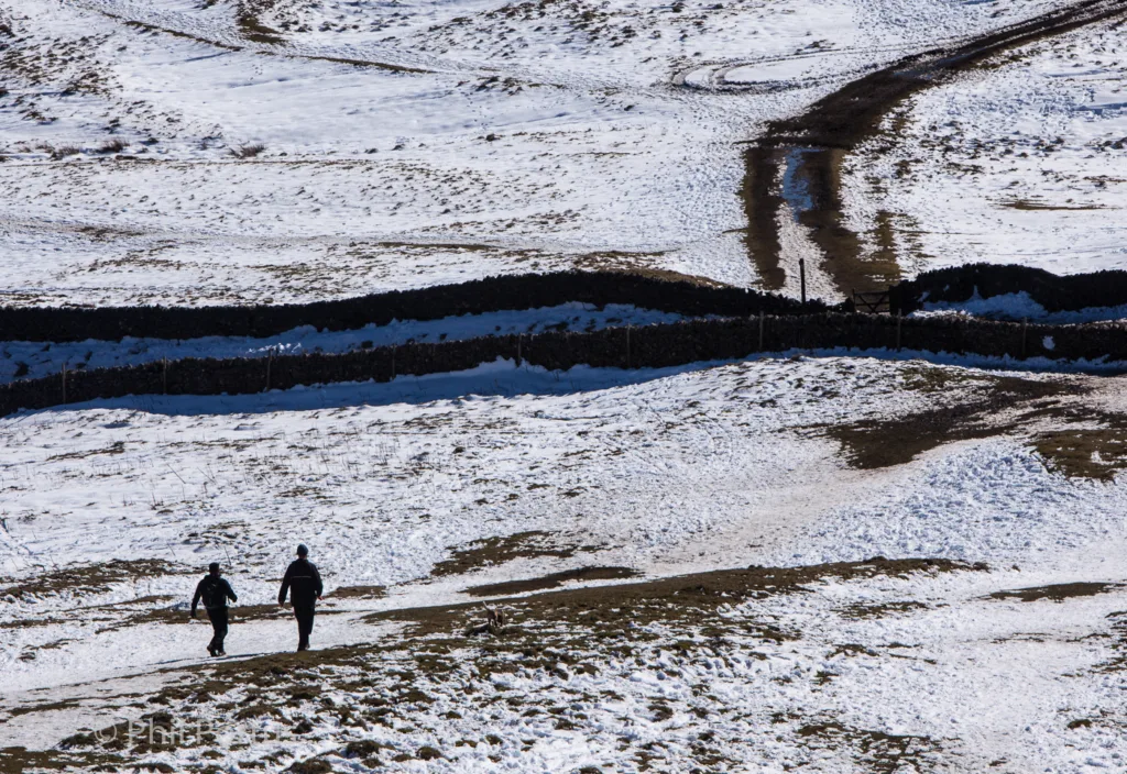 Two figures walk away from the viewer across a snow-covered landscape with a dirt track visible in the distance.