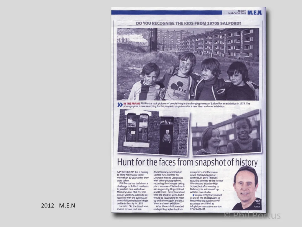 A newspaper clipping displays a black and white photo of children in outdoor clothing.