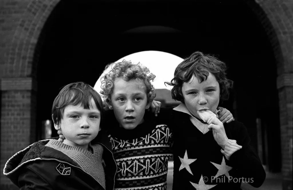 Three Salford lads, 1978, Regent Road,UK. Left hand boy is Stephen Lord the actor who plays Dom in Shameless age 8